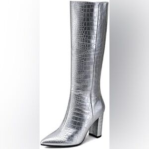 Silver Knee High Faux Croc Women’s Boots Chunky Heel 7.5
